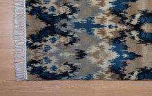 Load image into Gallery viewer, Handmade Wool Carpet – Ikat Pattern Rug in Blue & Beige Tones