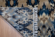 Load image into Gallery viewer, Handmade Wool Carpet – Ikat Pattern Rug in Blue & Beige Tones