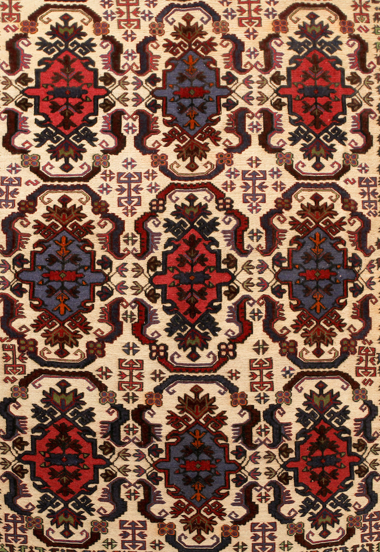 A 6.5 feet by 9 feet berjesta wool kilim, the colours used on the rug are beige,red and blue.