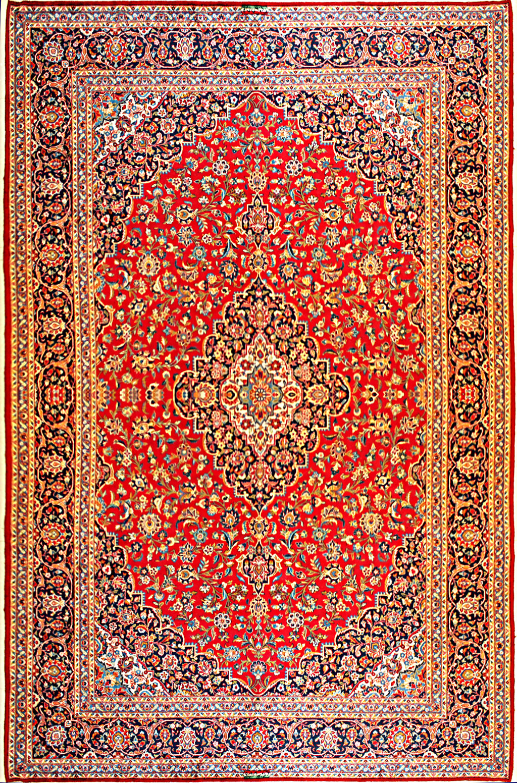 A 10 feet by 14 feet antique persian wool rug with red, beige and blue colours.