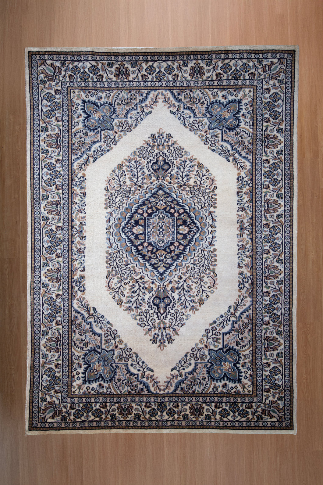 Ivory Blue Indo Kashan Wool Rug