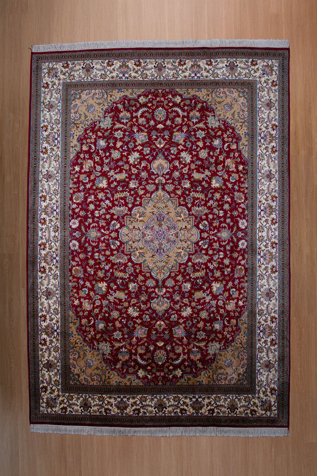 Lustrous Ruby Medallion Kashmiri Silk Rug