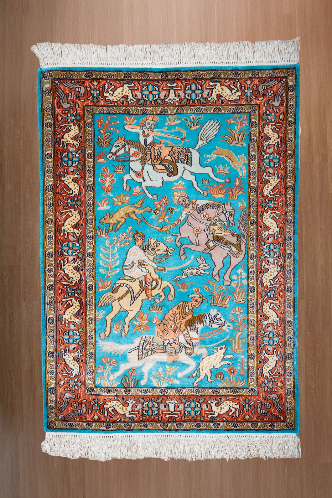 Royal Hunt Scene Kashmiri Silk Rug