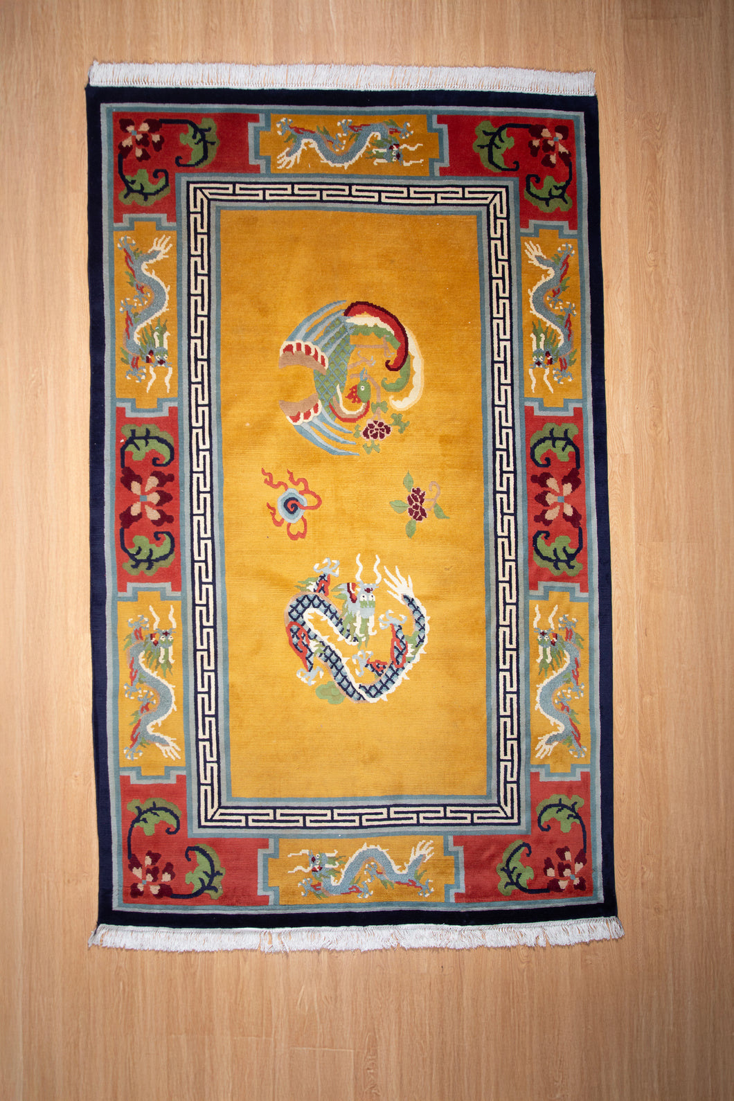 Tibetan Wool Rug with Celestial Dragons