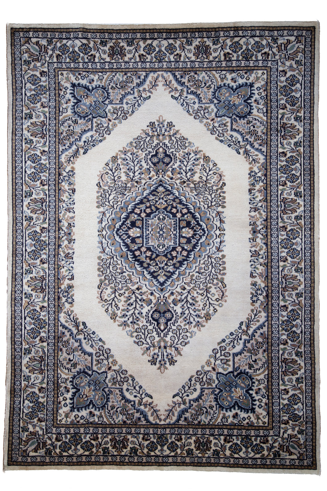 Ivory Blue Indo Kashan Wool Rug