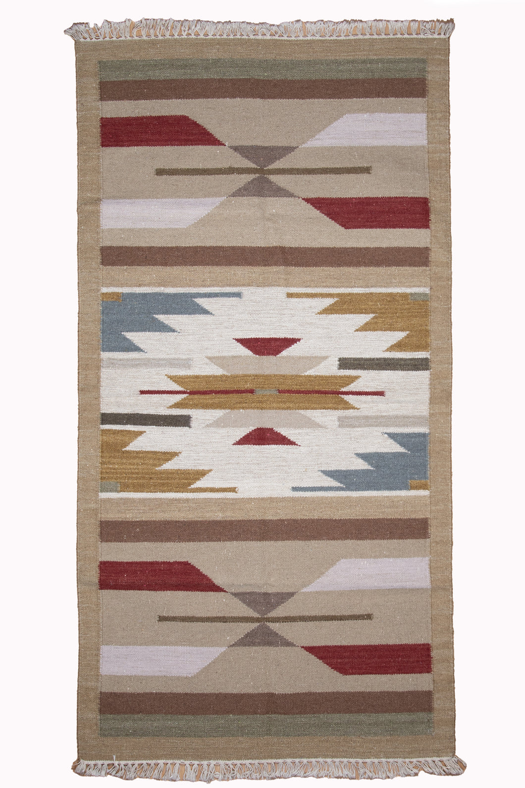 Earth-Toned Geometric Wool Dhurrie Rug