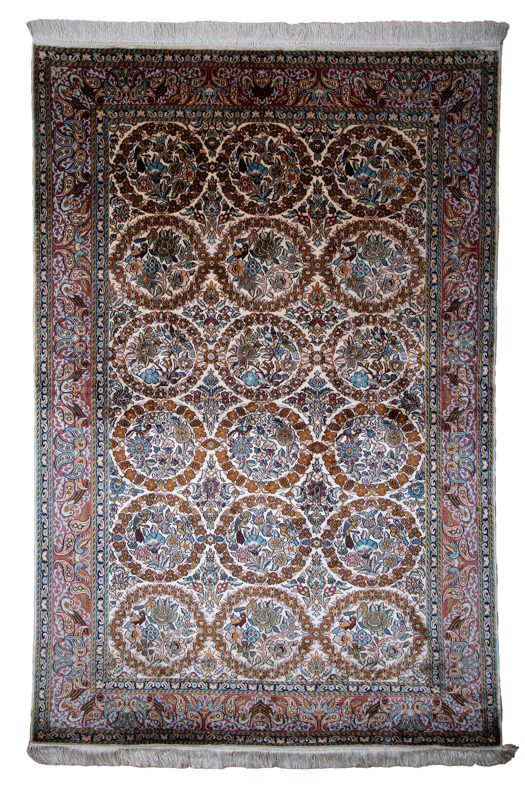 Rare Floral Medallion Kashmiri Silk Rug
