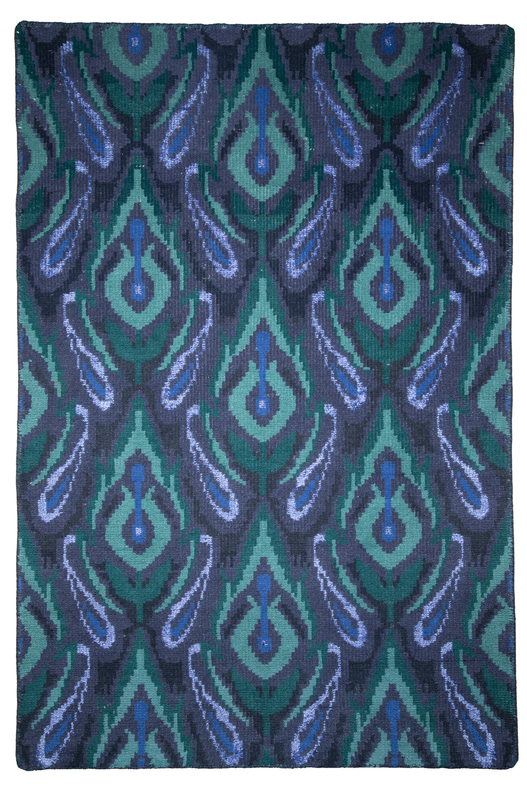 Ikat Pattern Handmade Wool Rug – Blue & Green Carpet from India