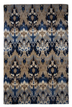 Load image into Gallery viewer, Handmade Wool Carpet – Ikat Pattern Rug in Blue &amp; Beige Tones

