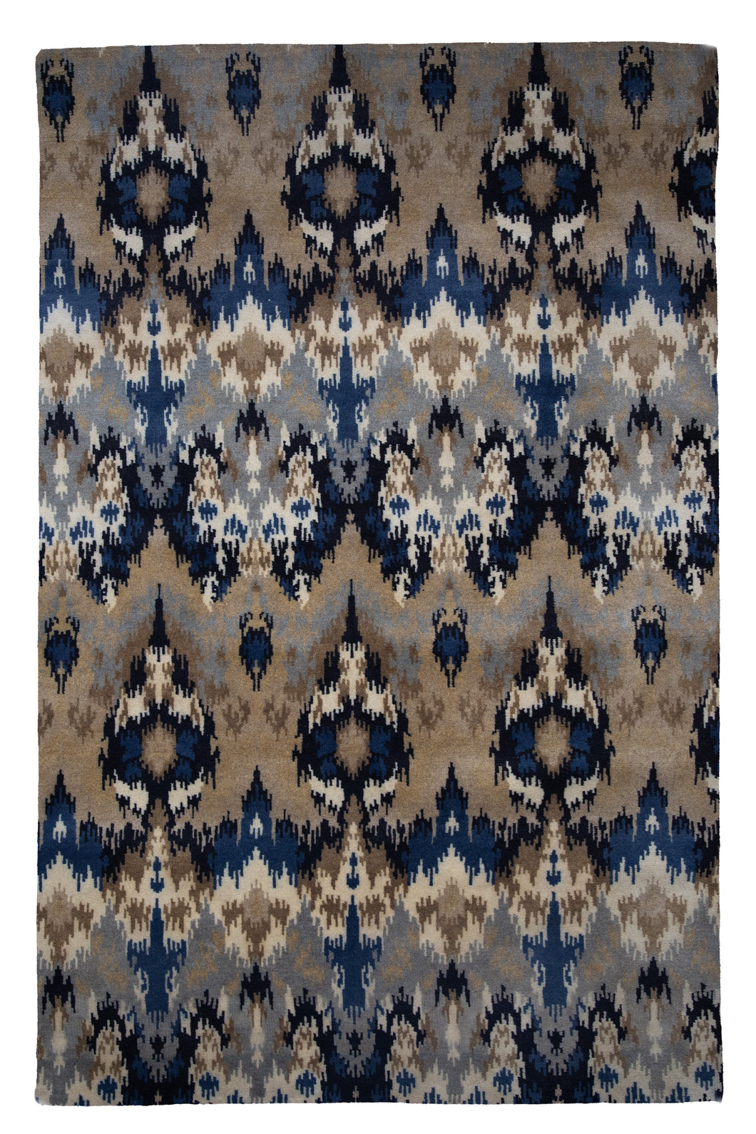 Handmade Wool Carpet – Ikat Pattern Rug in Blue & Beige Tones