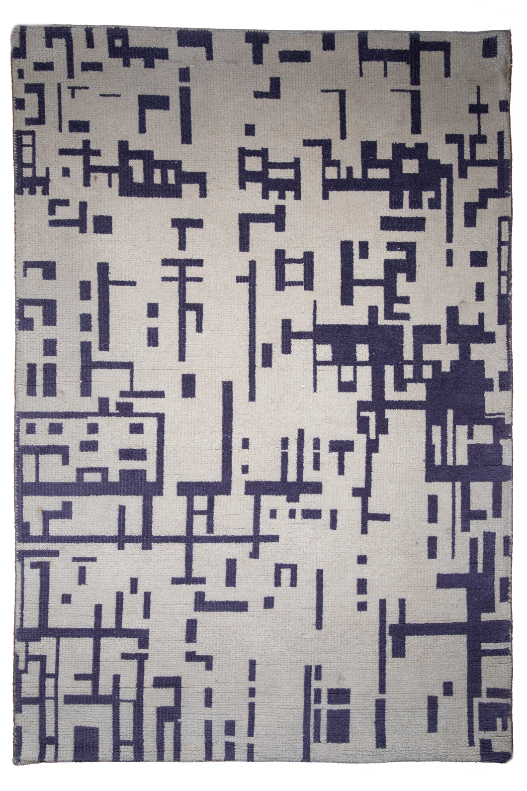 Modern Abstract Handmade Wool Carpet – Geometric Indigo on Ivory