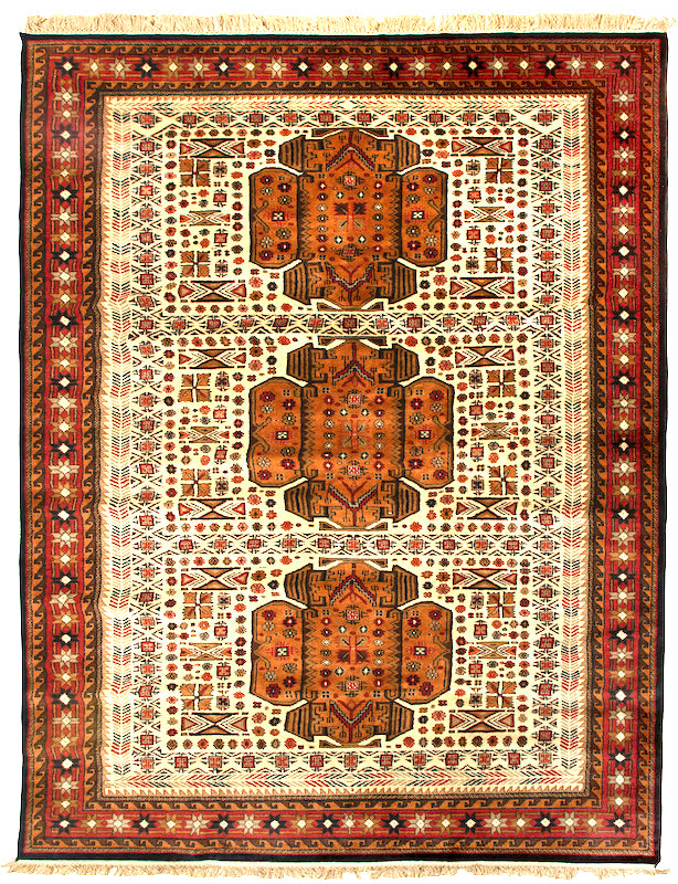 It is a 6 feet by 9 feet Indian wool rug. The colours used are rust,beige,blue and brown. 