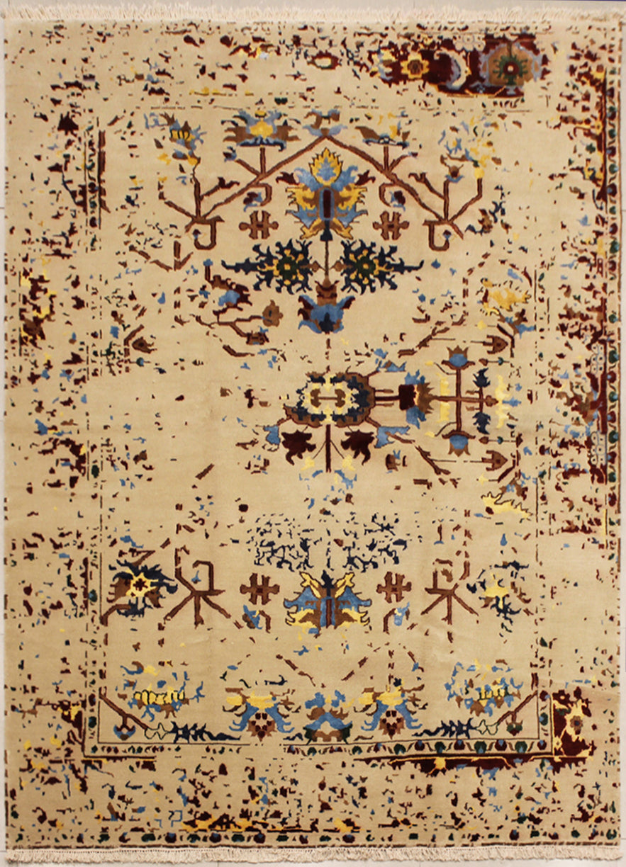 8 feet by 11 feet rug predominantly in off white in colour. With browns, blues and yellows.