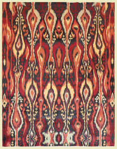 8 feet by 10 feet red Ikat design rug. 