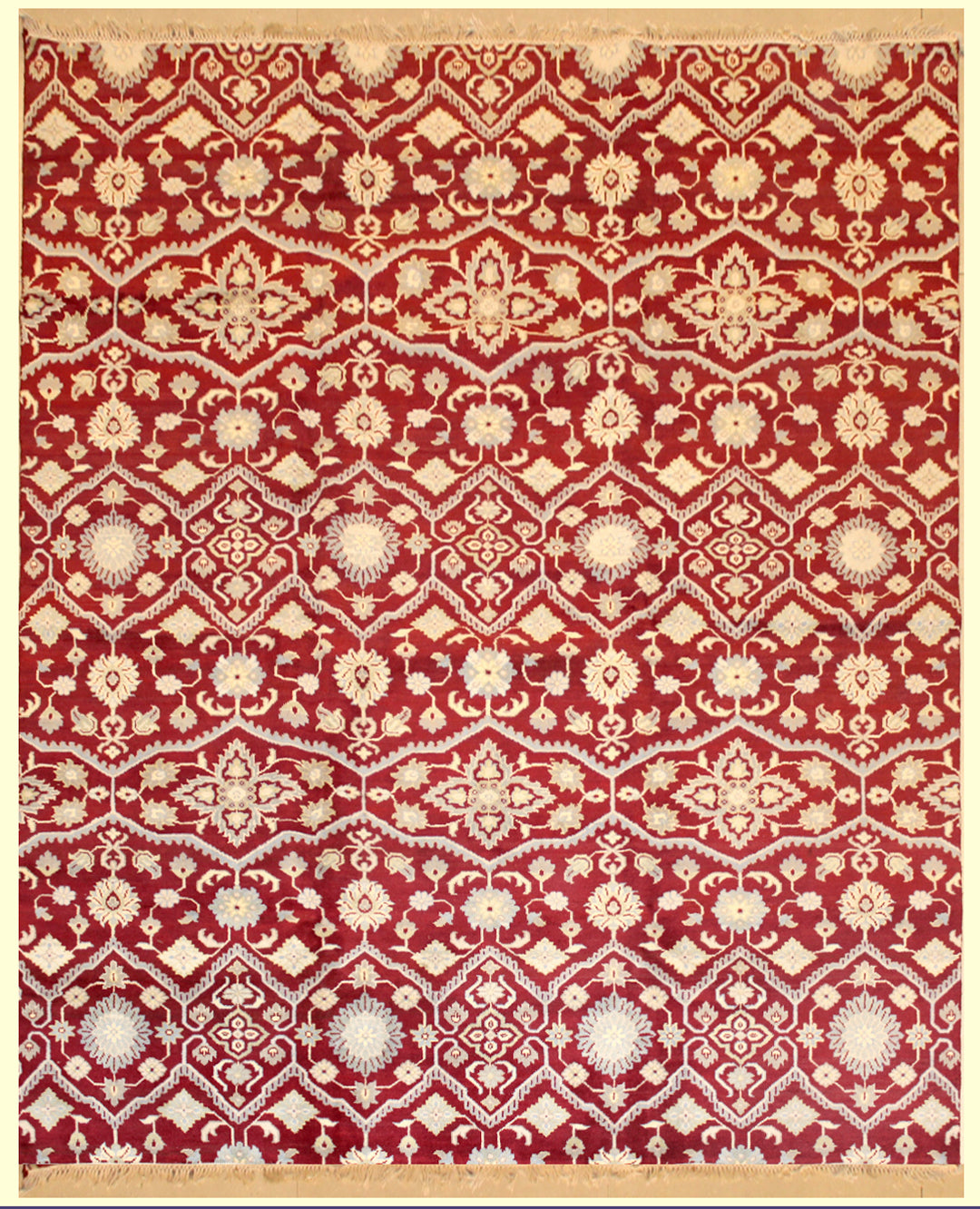 8 feet by 10 feet modern rug. 8 feet by 10 feet modern rug. The colours mainly include red, beige and tan.