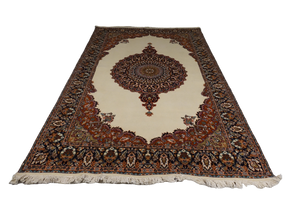 A 6 feet by 9 feet Kashmiri woolen rug, the colours used on the carpet are beige,gree,brown and blue.