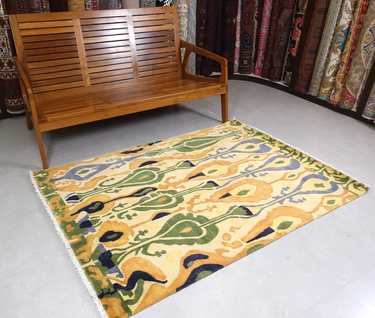 6 feet by 4 feet Yellow Ikat design rug. 
