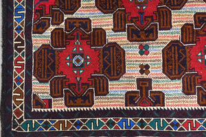 This Afghan wool rug measures 3 feet 9 inches by 6 feet 6 inches. The colours used on the rug are teal, red and beige.