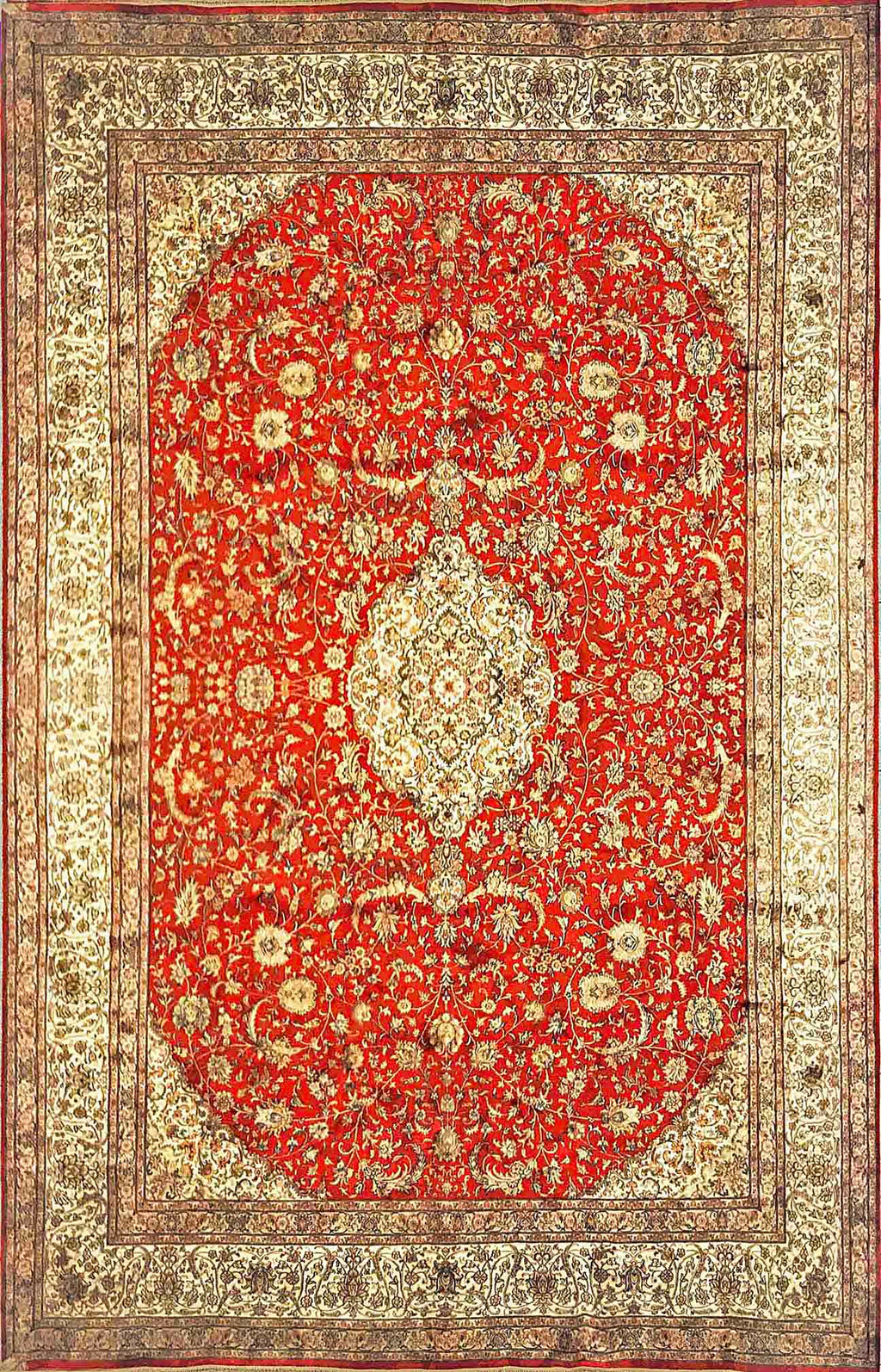 A 9 feet by 12 feet Kashmiri silk on silk carpet/rug. The colours used on the rug are rust,red,beige and golden brown.
