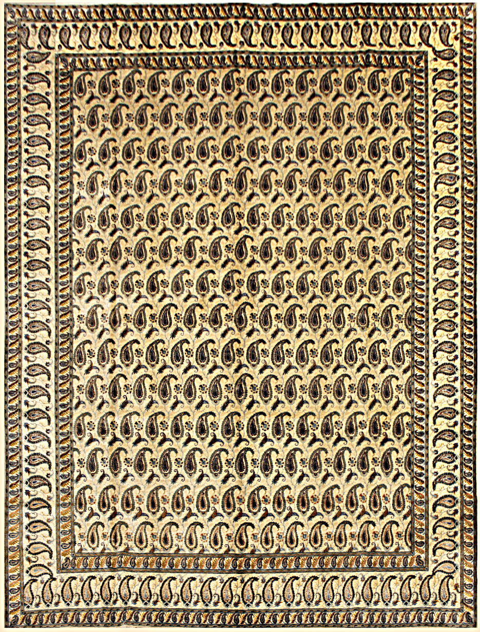 It is a 11 feet by 14 feet persian wool rug. It has beige and blue used as the main colours.